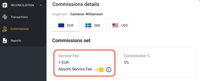 Service Fee in Commission details